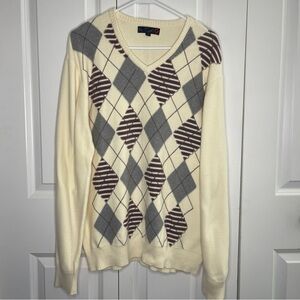 G By Guess Cream Argyle Sweater Size XL Slim Fit 100% Cotton Ivory Men’s Vneck